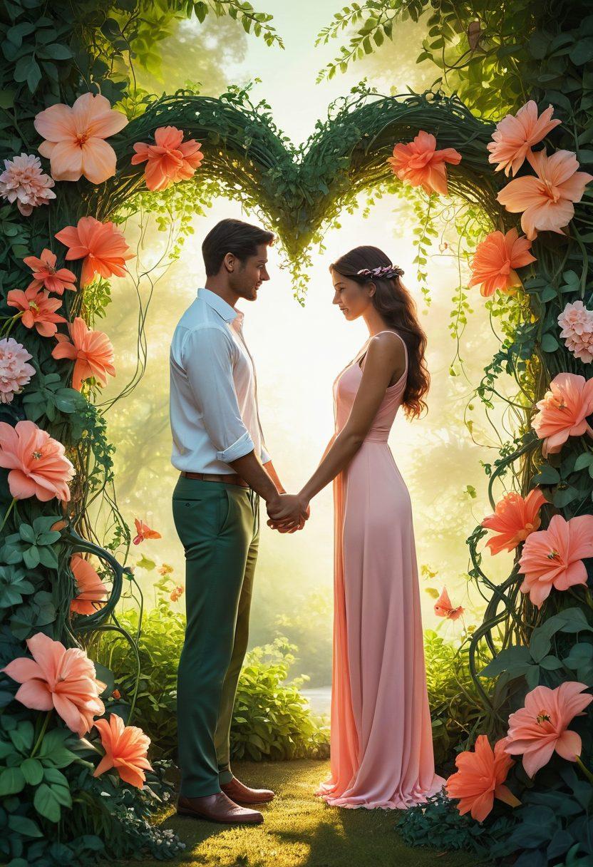 A couple holding hands, surrounded by a glowing heart shape made of intertwined vines and flowers, symbolizing trust and connection. In the background, a lush garden setting with soft sunlight filtering through the leaves, creating a warm and inviting atmosphere. Include gentle colors like coral and pastel greens to evoke emotions of love and intimacy. super-realistic. vibrant colors.