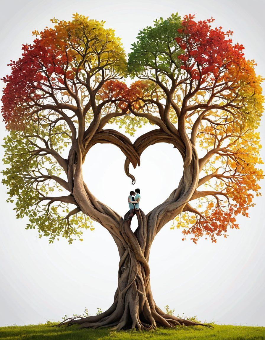 A beautifully intertwined tree and heart shape symbolizing trust and connection, surrounded by vibrant leaves representing growth and flourishing relationships. Add subtle silhouettes of diverse couples in the background, illustrating unity and love. Soft, warm light filtering through the branches, creating a serene atmosphere. super-realistic. vibrant colors. white background.